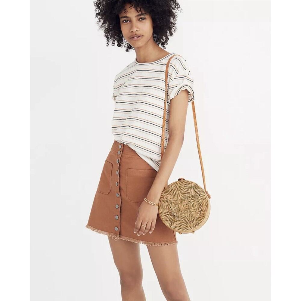 Madewell High Waist Snap Front Skirt Women’s Sz 2 Brown Fall Mini Raw Hem